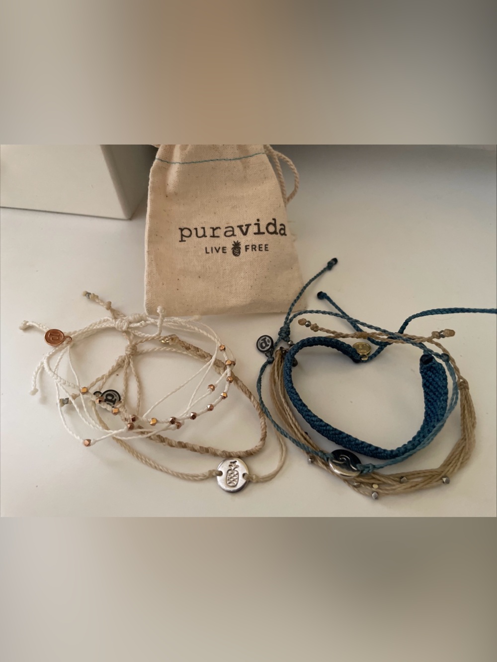 Pura Vida Blue, Tan, and Cream Layered Friendship Bracelets